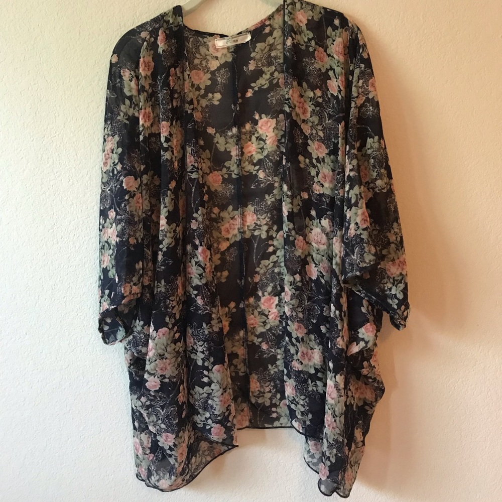 Floral print sheer loose kimono/cardigan